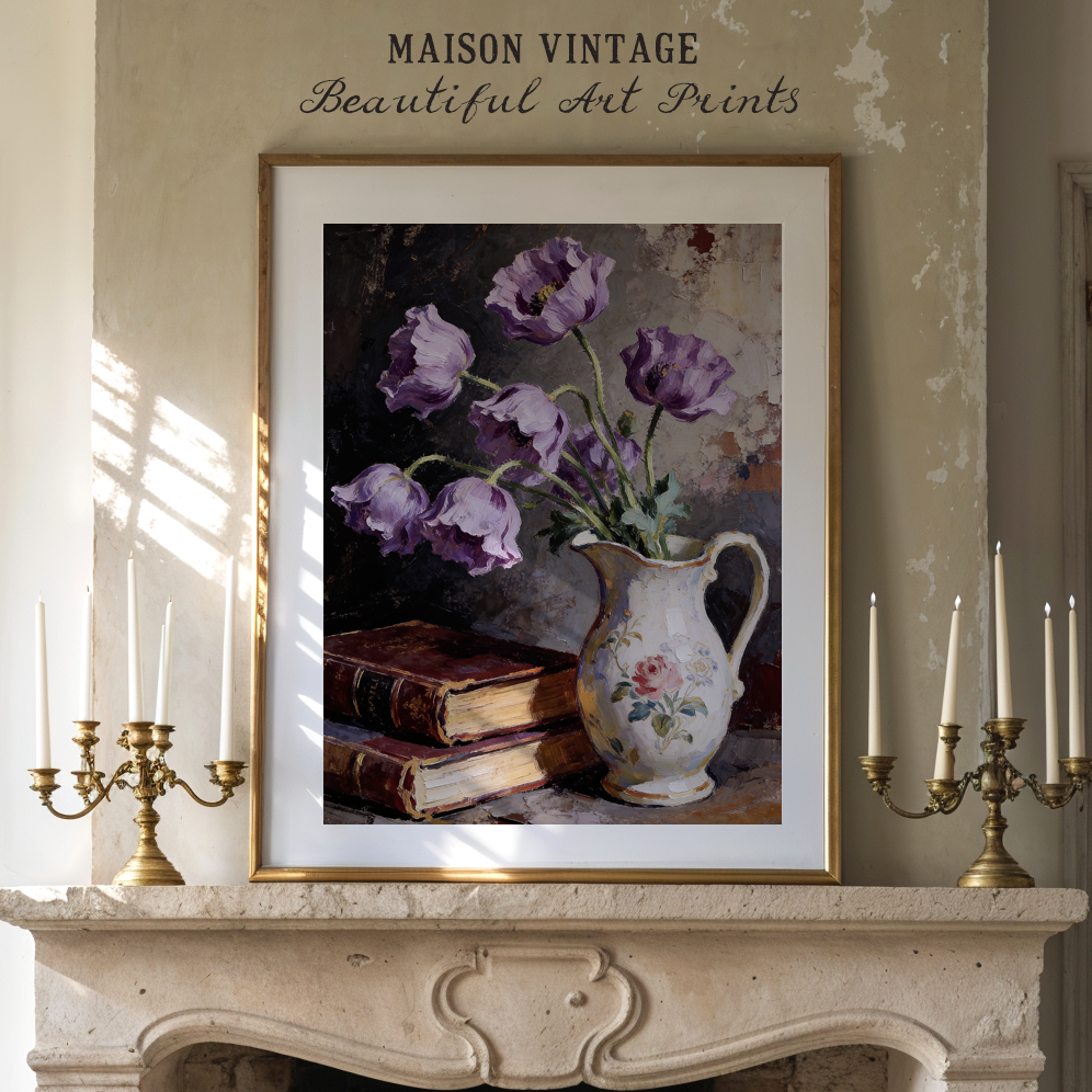 Anemones and Old Books – vintage-inspired fine art print by Maison Vintage, museum-quality wall art