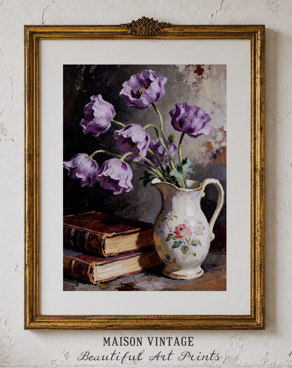 Anemones and Old Books – vintage-inspired fine art print by Maison Vintage, museum-quality wall art