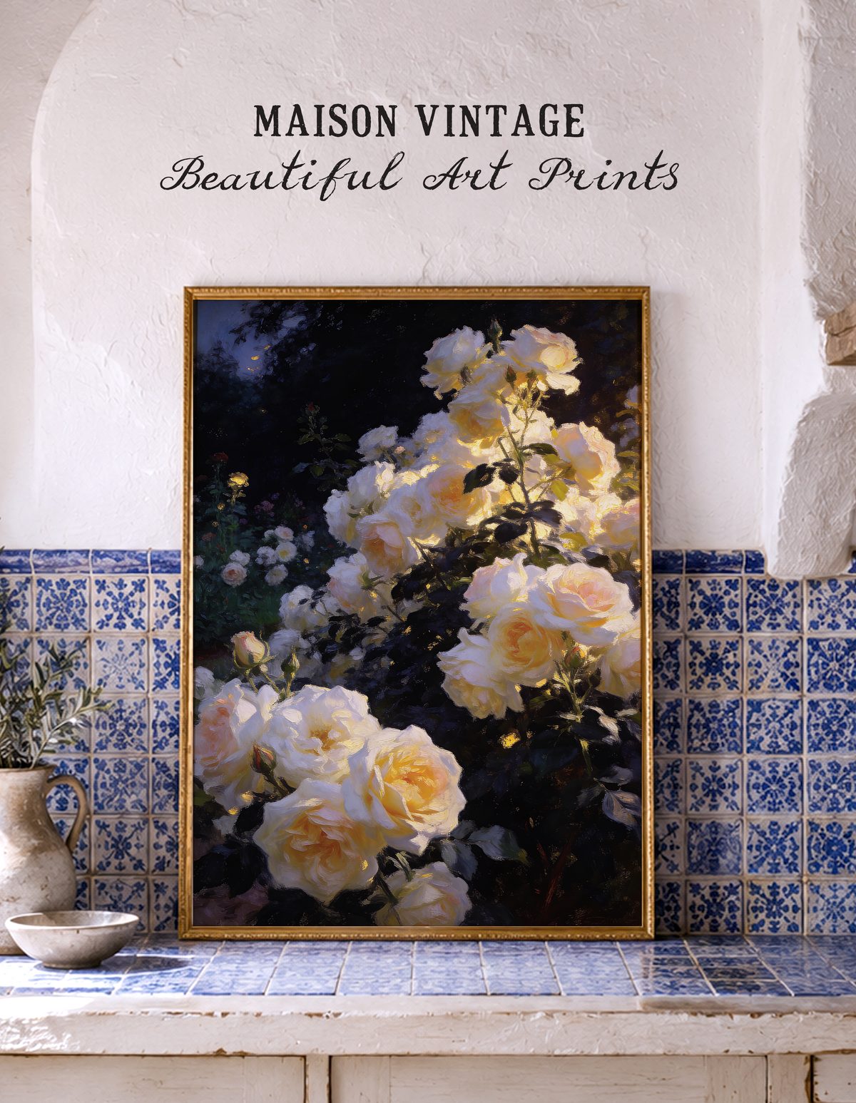 Golden Roses at Nightfall – vintage-inspired fine art print by Maison Vintage, museum-quality wall art