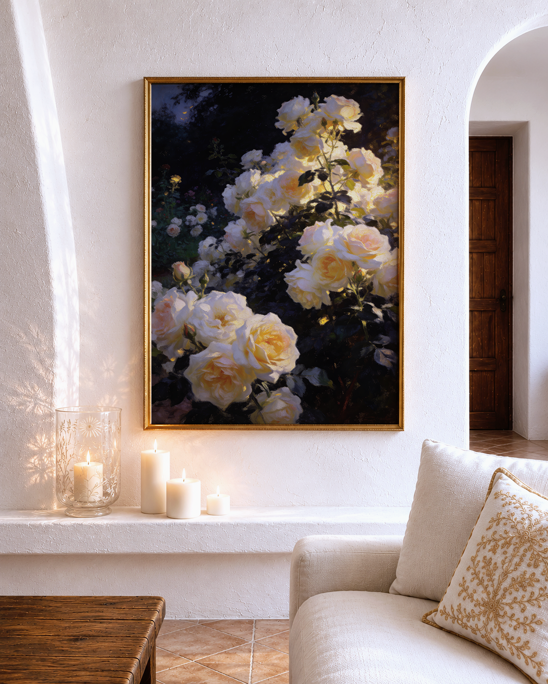Golden Roses at Nightfall – vintage-inspired fine art print by Maison Vintage, museum-quality wall art
