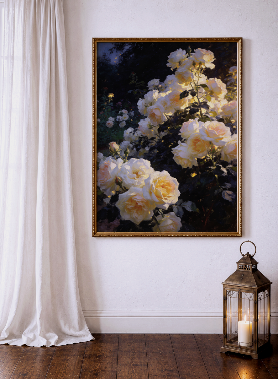 Golden Roses at Nightfall – vintage-inspired fine art print by Maison Vintage, museum-quality wall art