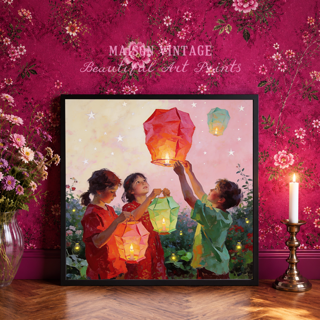 Lantern Wishes – vintage-inspired fine art print by Maison Vintage, museum-quality wall art