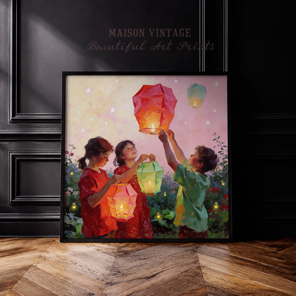 Lantern Wishes – vintage-inspired fine art print by Maison Vintage, museum-quality wall art
