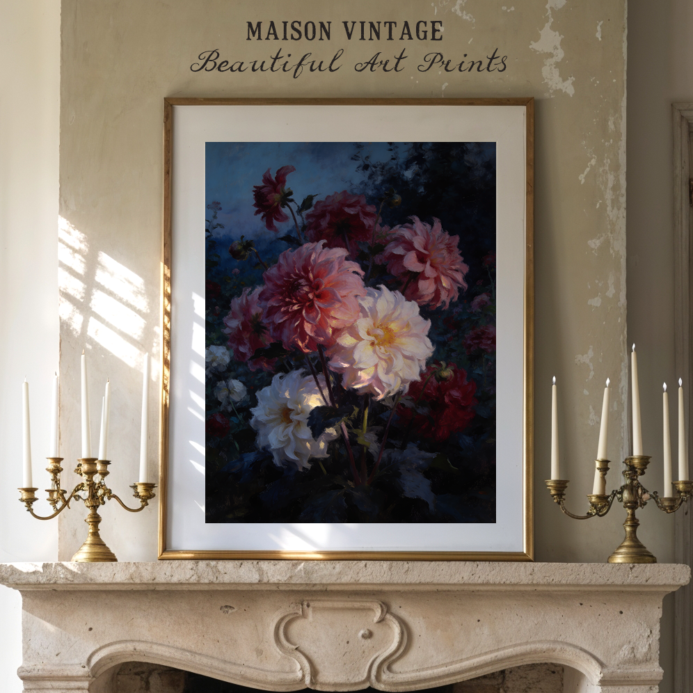 Nocturne for Dahlias – vintage-inspired fine art print by Maison Vintage, museum-quality wall art