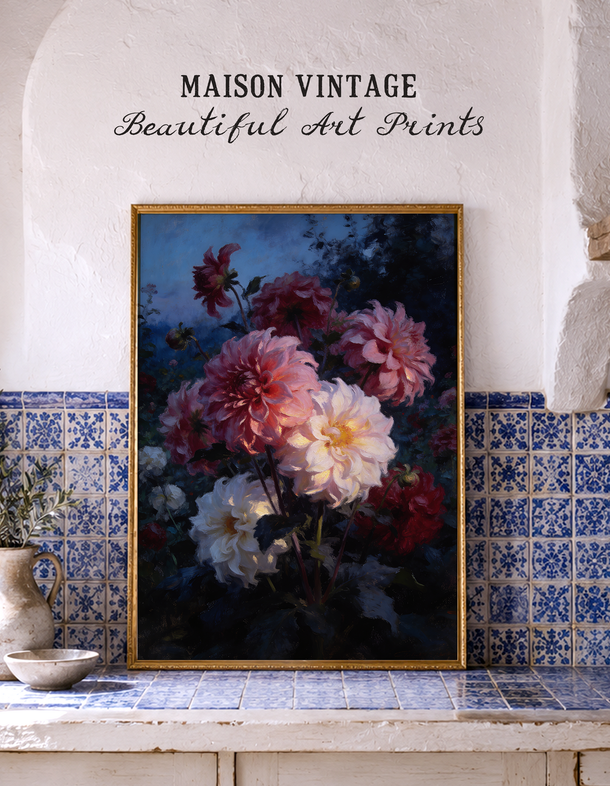 Nocturne for Dahlias – vintage-inspired fine art print by Maison Vintage, museum-quality wall art
