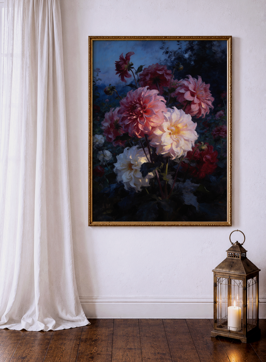 Nocturne for Dahlias – vintage-inspired fine art print by Maison Vintage, museum-quality wall art