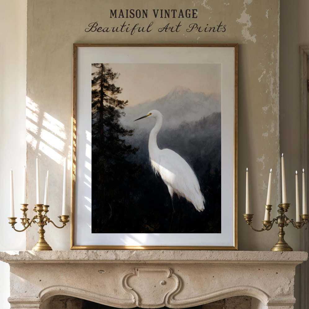 The Silent Heron – vintage-inspired fine art print by Maison Vintage, museum-quality wall art