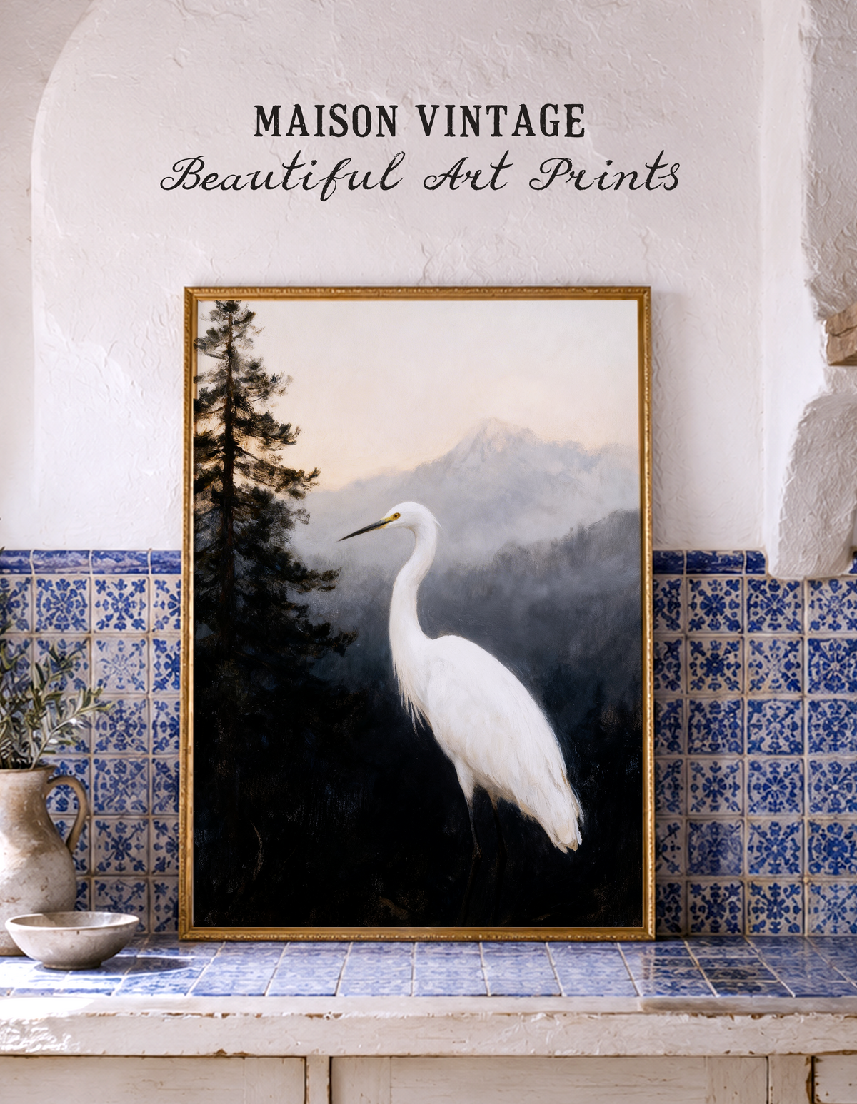 The Silent Heron – vintage-inspired fine art print by Maison Vintage, museum-quality wall art