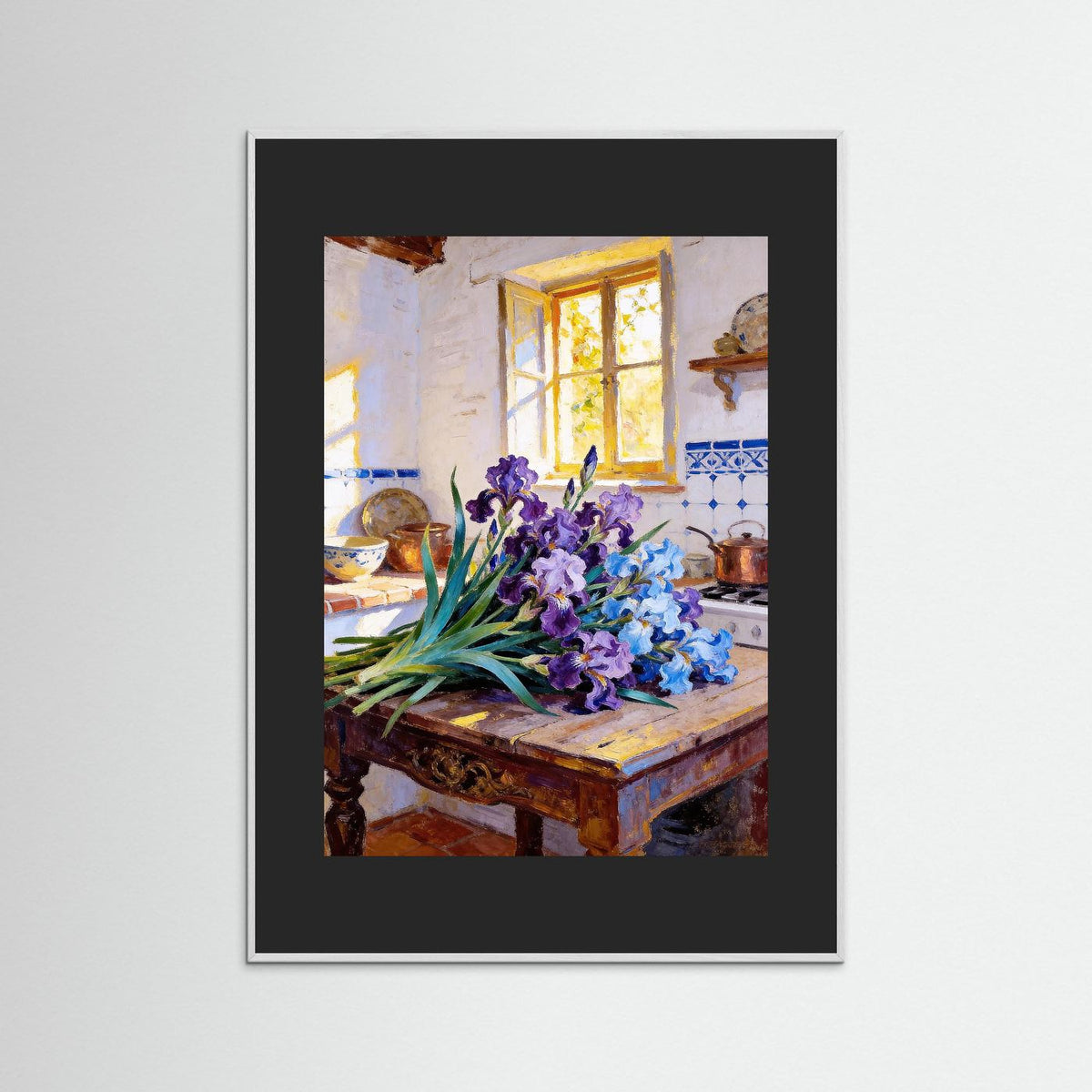 The Blue Irises fine art print – vintage-inspired wall art by Maison Vintage displayed in an interior