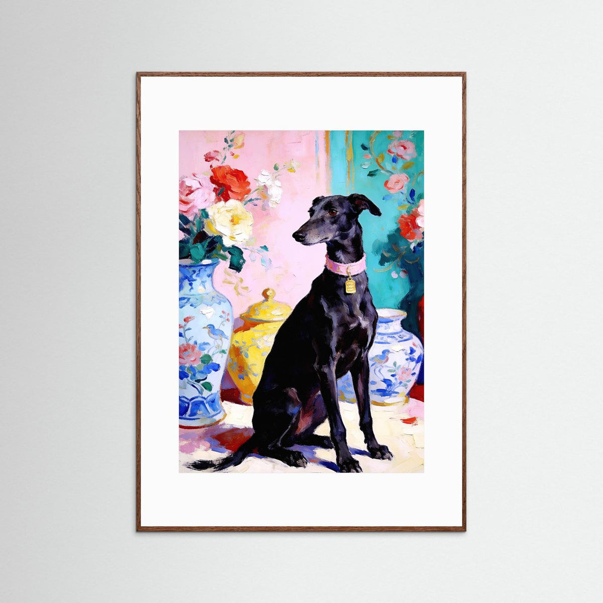 The Greyhound in the Floral Salon fine art print – vintage-inspired wall art by Maison Vintage displayed in an interior
