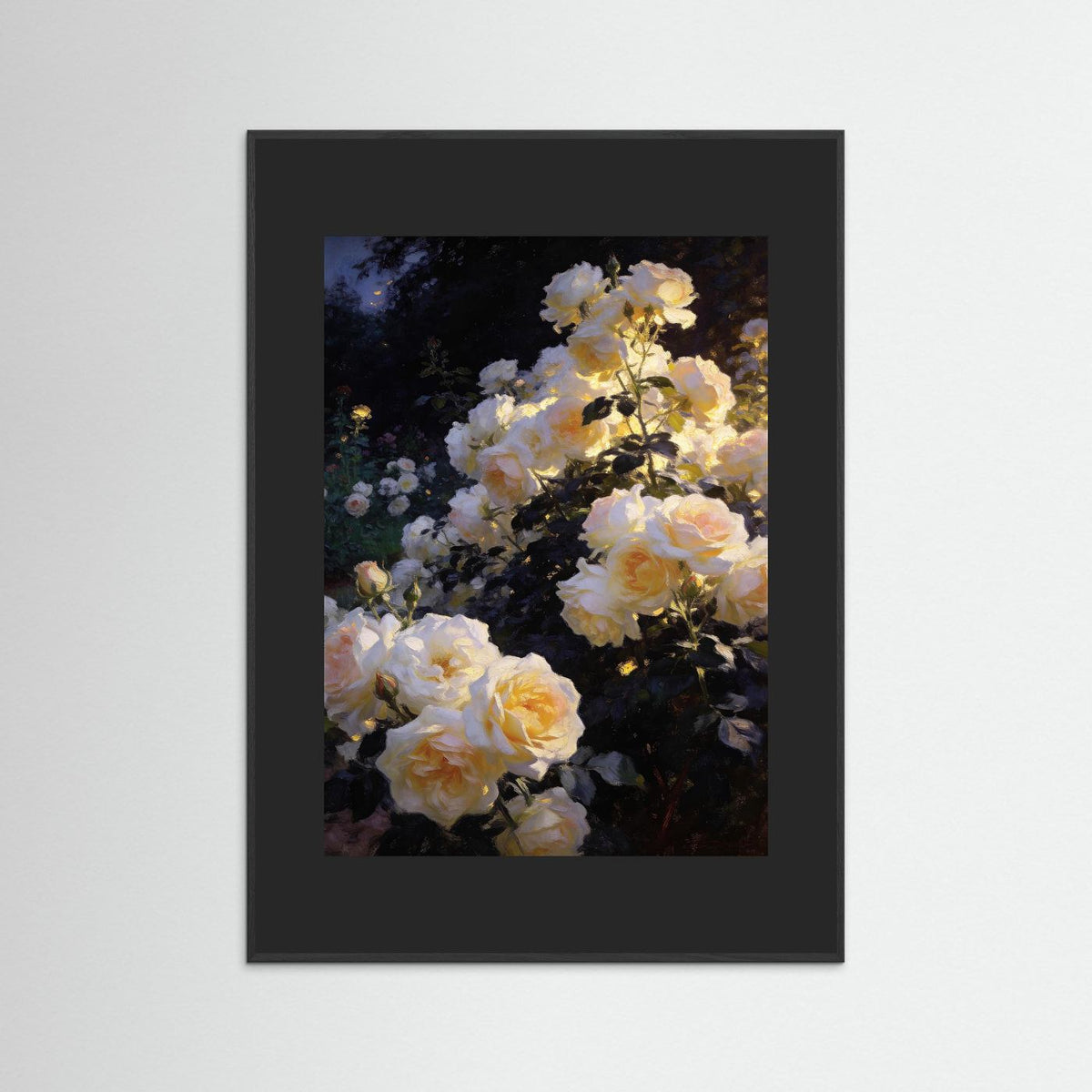 Golden Roses at Nightfall fine art print – vintage-inspired wall art by Maison Vintage displayed in an interior