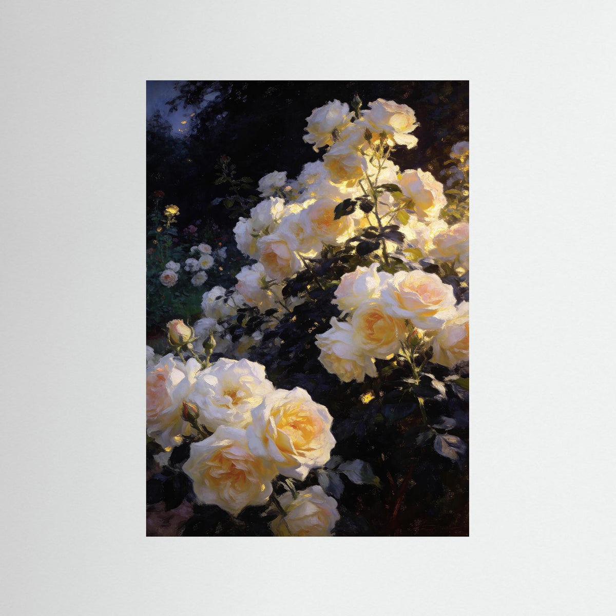 Golden Roses at Nightfall fine art print – vintage-inspired wall art by Maison Vintage displayed in an interior