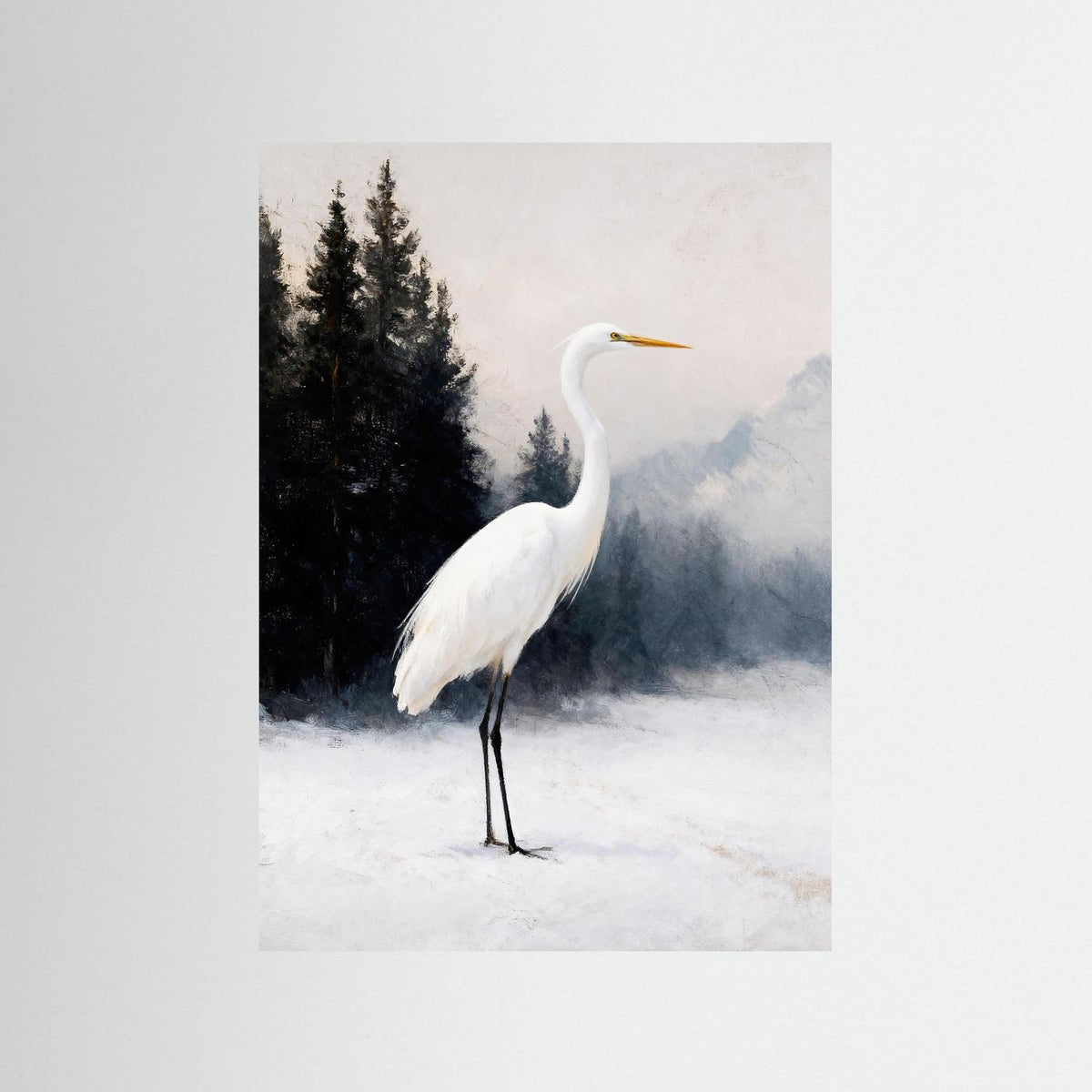 The Heron in Winter Light fine art print – vintage-inspired wall art by Maison Vintage displayed in an interior