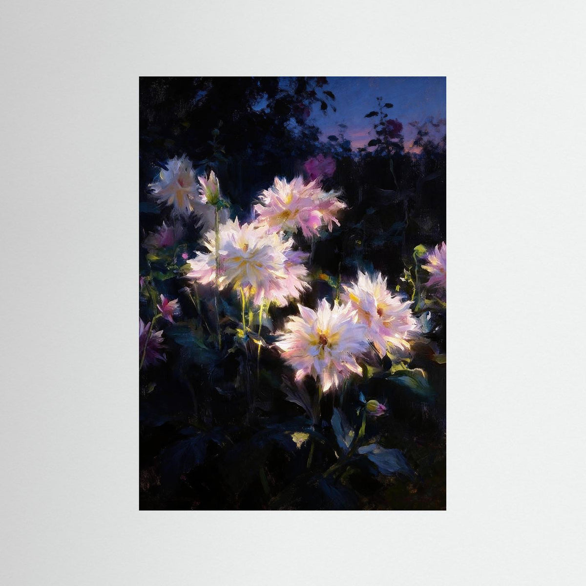 Moonlight Dahlias fine art print – vintage-inspired wall art by Maison Vintage displayed in an interior