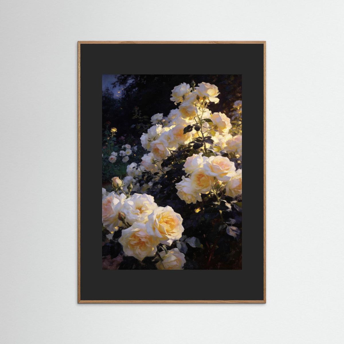 Golden Roses at Nightfall fine art print – vintage-inspired wall art by Maison Vintage displayed in an interior
