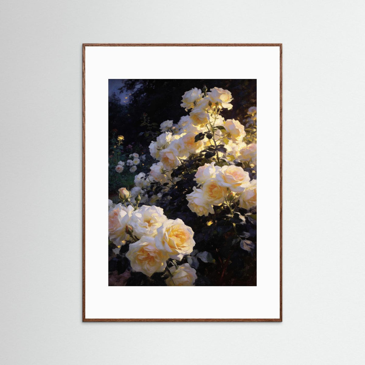 Golden Roses at Nightfall fine art print – vintage-inspired wall art by Maison Vintage displayed in an interior