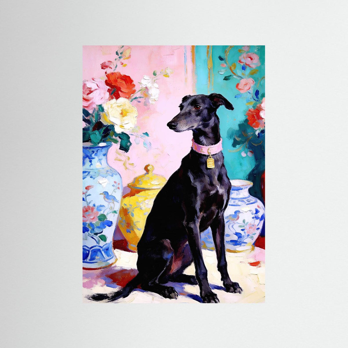 The Greyhound in the Floral Salon fine art print – vintage-inspired wall art by Maison Vintage displayed in an interior