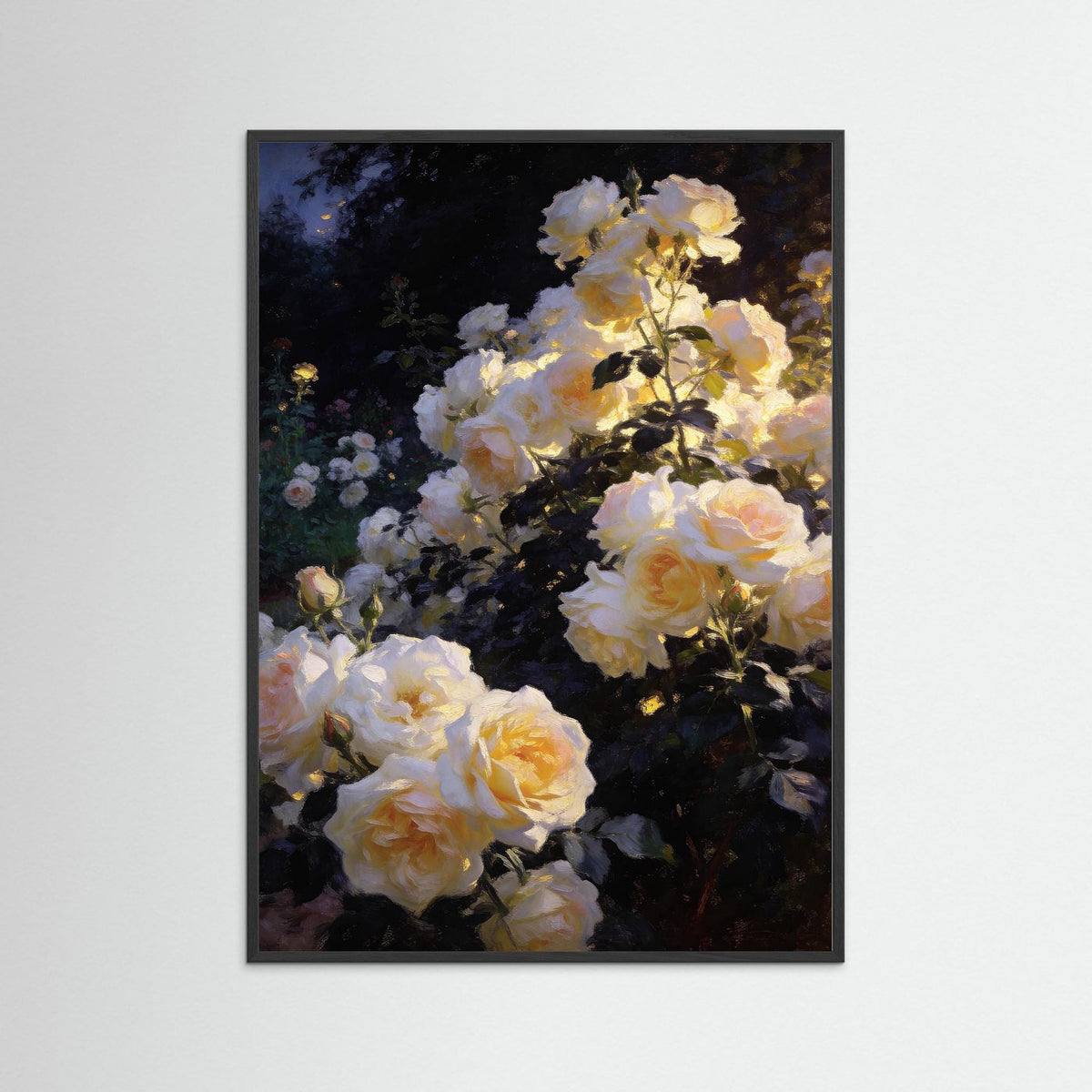 Golden Roses at Nightfall fine art print – vintage-inspired wall art by Maison Vintage displayed in an interior