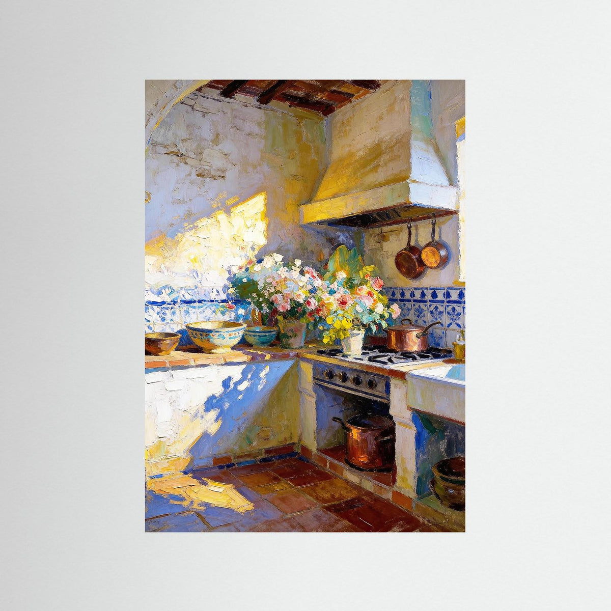 Flowers on the Old Stove fine art print – vintage-inspired wall art by Maison Vintage displayed in an interior
