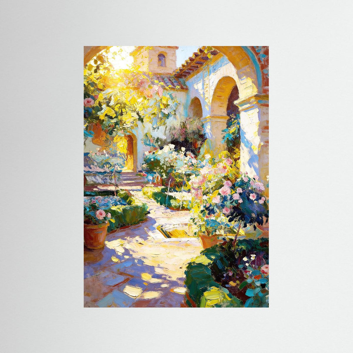 Golden Light Through the Arches fine art print – vintage-inspired wall art by Maison Vintage displayed in an interior