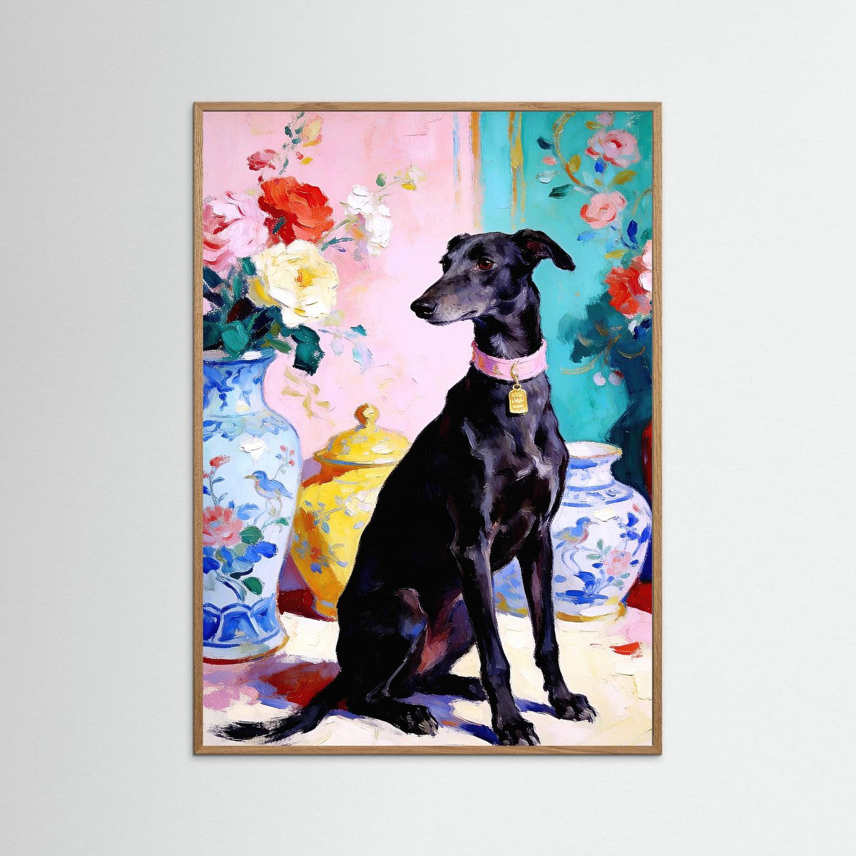 The Greyhound in the Floral Salon fine art print – vintage-inspired wall art by Maison Vintage displayed in an interior