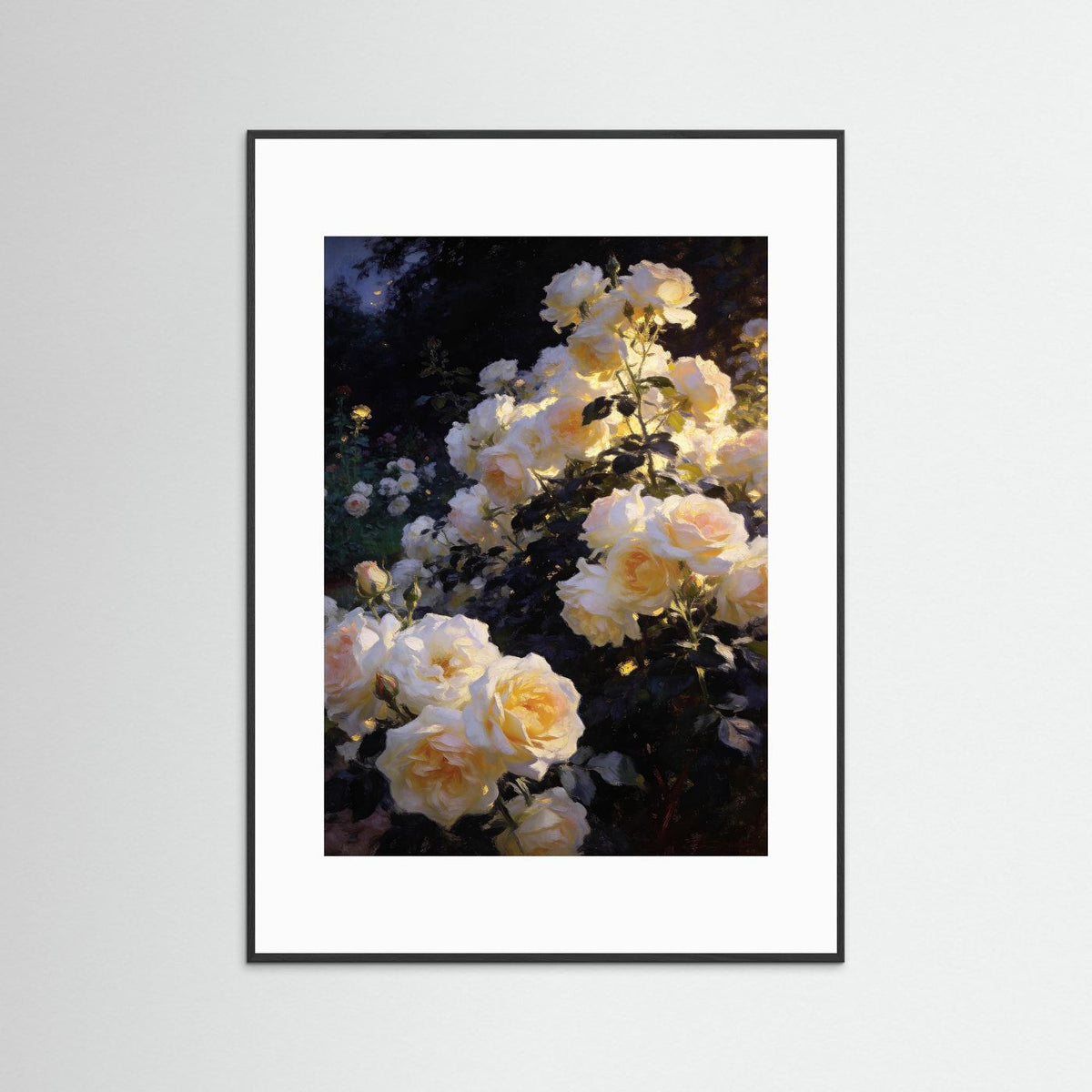 Golden Roses at Nightfall fine art print – vintage-inspired wall art by Maison Vintage displayed in an interior