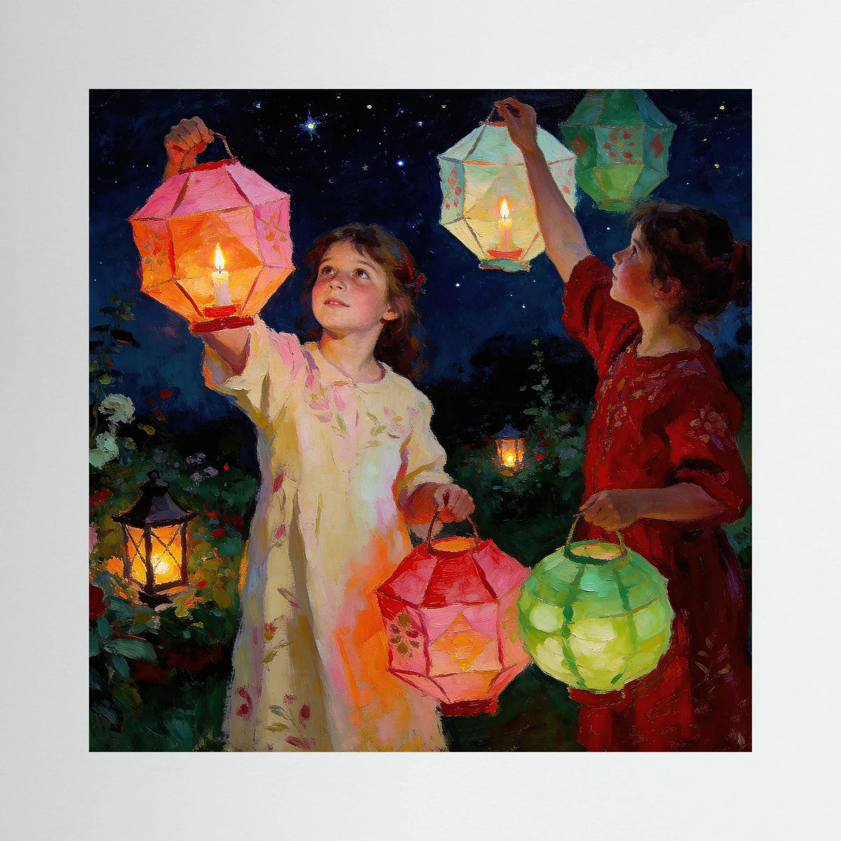 Lanterns Beneath The Stars fine art print – vintage-inspired wall art by Maison Vintage displayed in an interior