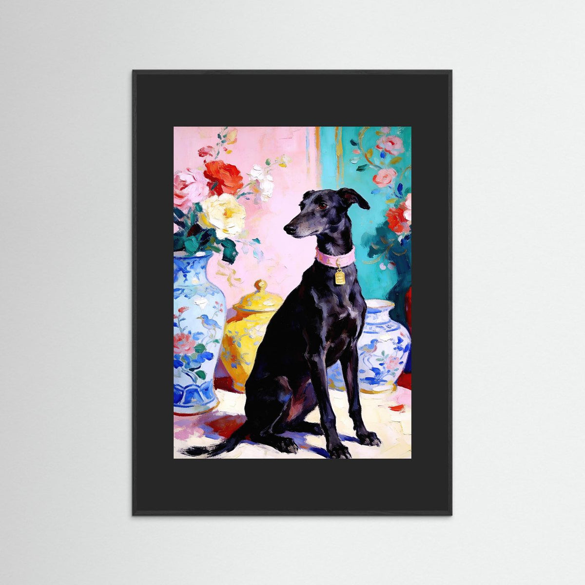 The Greyhound in the Floral Salon fine art print – vintage-inspired wall art by Maison Vintage displayed in an interior