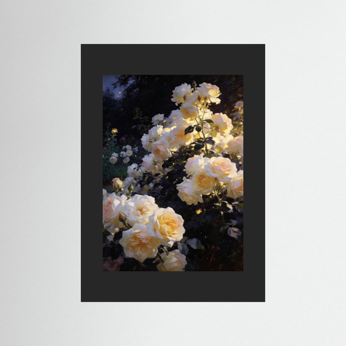 Golden Roses at Nightfall fine art print – vintage-inspired wall art by Maison Vintage displayed in an interior